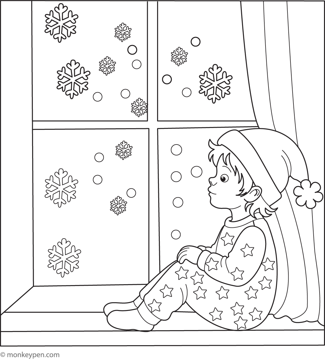 Child Looking Out a Frosty Window | Free Coloring Page for Kids
