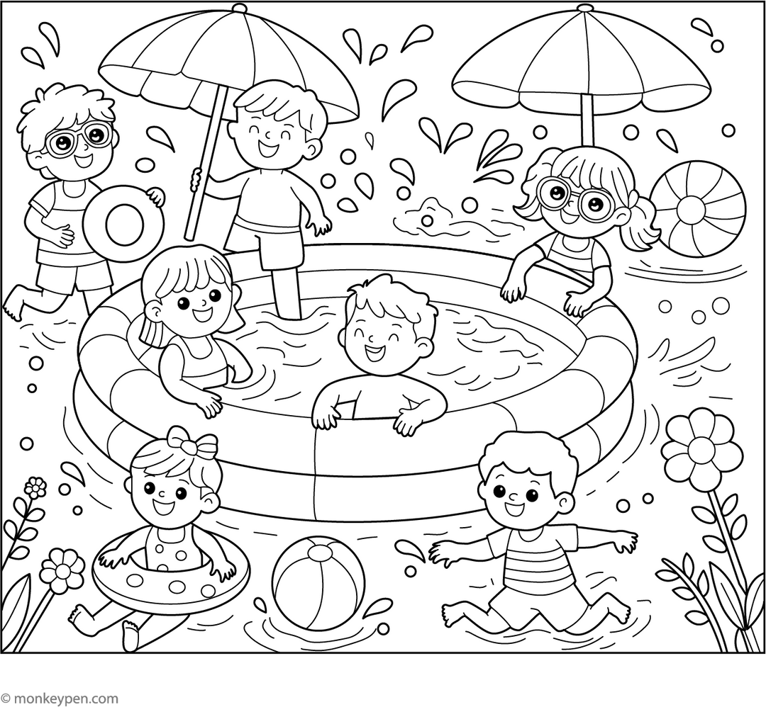 Inflatable Coloring Sheets Kids In Inflated Pool Coloring Page