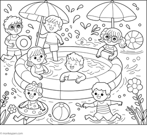 Kids in Inflated Pool Coloring Page