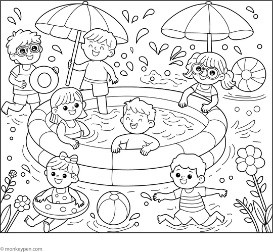 Kids In Inflated Pool Coloring Page