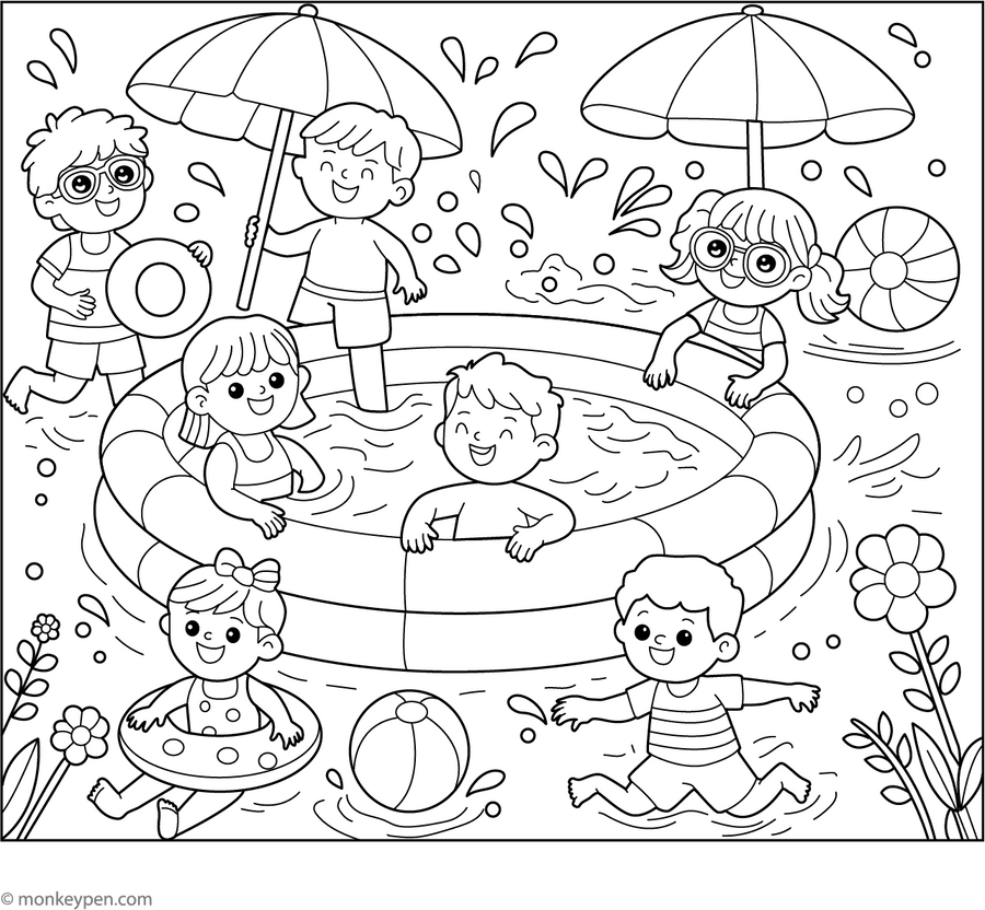 Kids In Inflated Pool Coloring Page