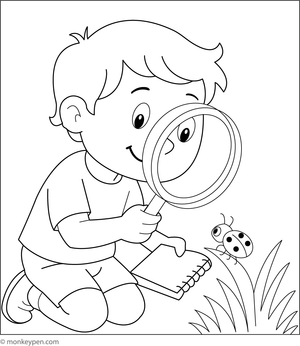 Child examining a bug with a magnifying glass, ready for coloring.
