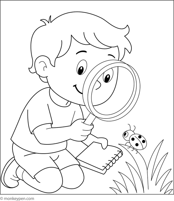 Child examining a bug with a magnifying glass, ready for coloring.
