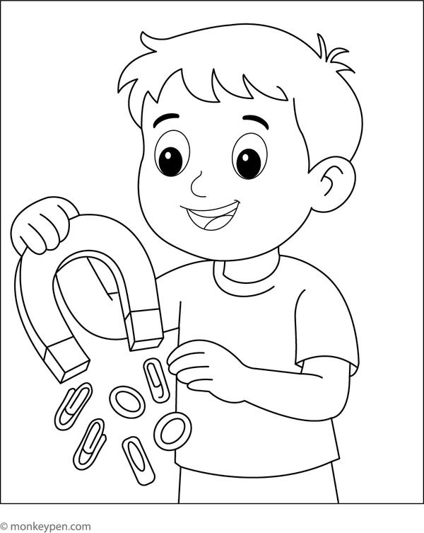 Child holding a horseshoe magnet, exploring magnetic attraction, ready for coloring.
