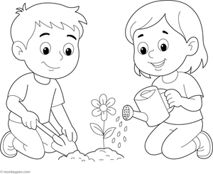 Two children planting a flower in the soil, surrounded by nature, ready for coloring.
