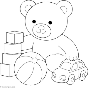 Teddy bear playing with blocks and a plush bunny, set in an engaging scene for coloring.
