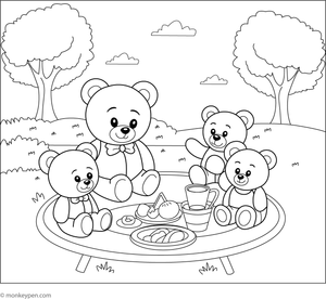 Teddy bear with friends, sharing a joyful moment, suited for coloring activities.
