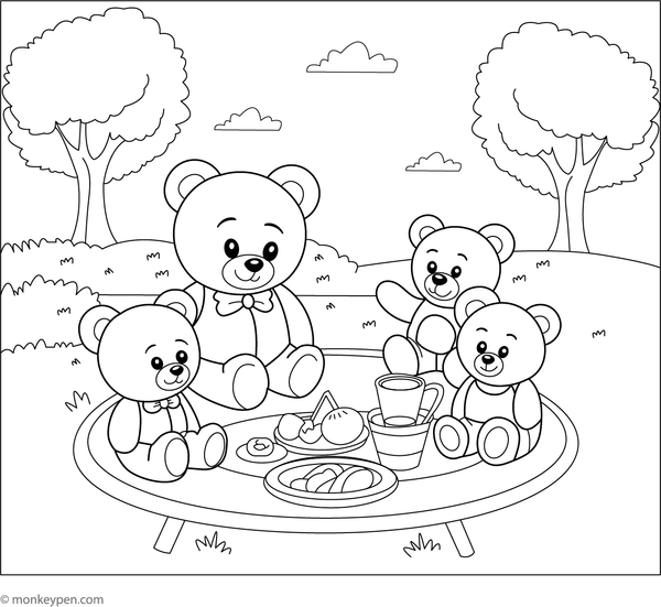 Teddy bear with friends, sharing a joyful moment, suited for coloring activities.
