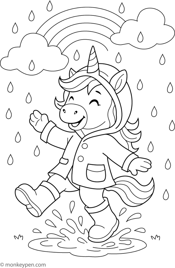 Printable Unicorn Playing in the Rain Coloring Sheet for Children