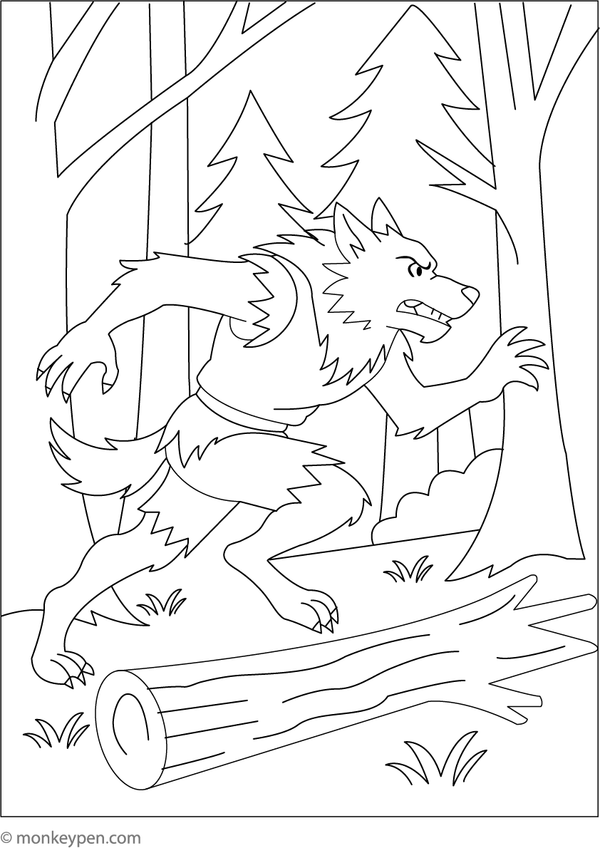 Werewolf sprinting through the forest, with blurred trees indicating motion, perfect for colouring.
