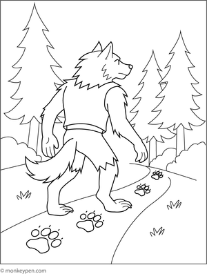 Trail of large werewolf paw prints crossing the forest floor, ready for children to colour.
