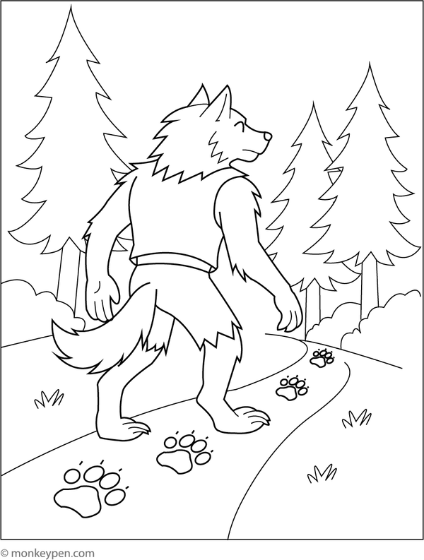 Trail of large werewolf paw prints crossing the forest floor, ready for children to colour.
