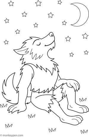 Werewolf standing beneath a starry sky with a glowing moon, ideal for colouring.
