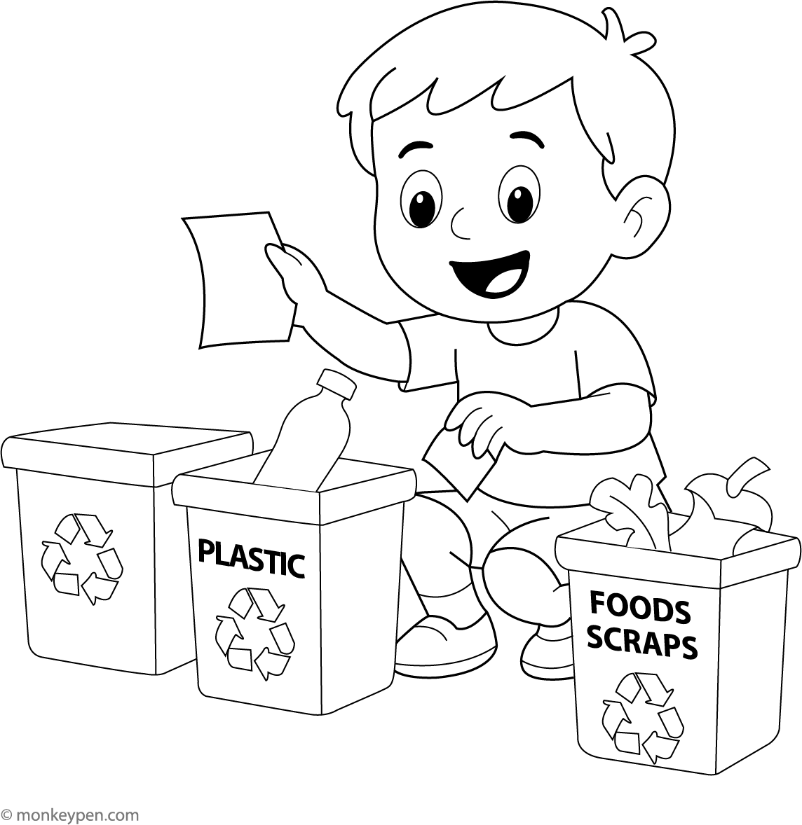 Child Sorting Recyclables into Bins | Free Kids Coloring Page