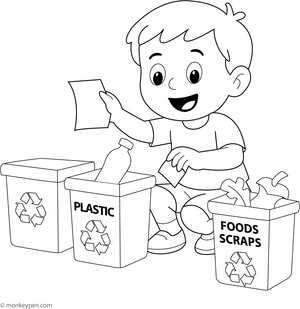 Child sorting recyclables into labeled bins, promoting environmental awareness, ready for coloring.

