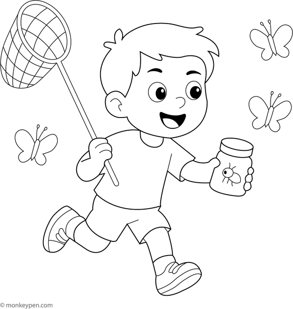 Child with a butterfly net in a garden, surrounded by flowers, ready for coloring.
