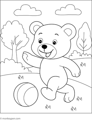 Teddy bear in a park setting with trees, swings, and grass, prepared for coloring.
