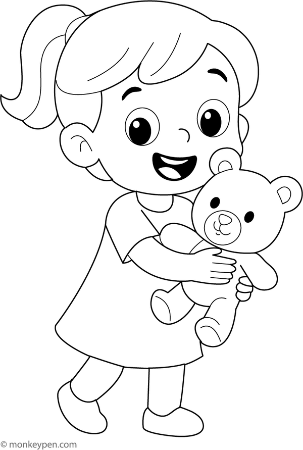 A girl holding her teddy bear, sharing a joyful, caring moment.
