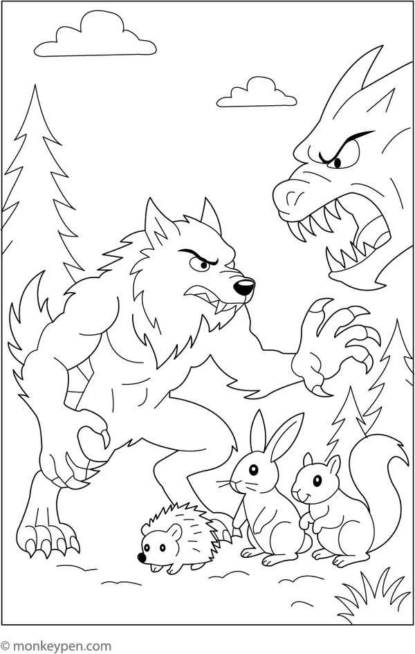 Werewolf standing protectively over forest animals in a serene woodland scene, ready to be coloured.
