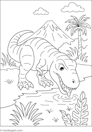 Free Printable Tyrannosaurus Drinking from a Lake Coloring Image for Kids