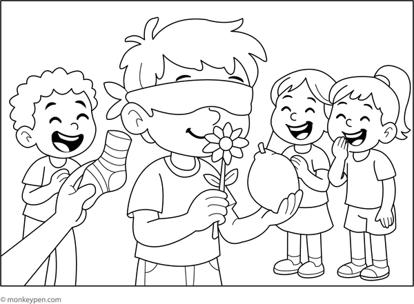 Children participating in a “Guess the Smell” activity, exploring their senses, ready to be coloured.
