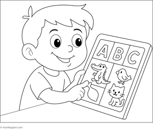 Child using an educational tablet, involved in a learning activity, ready for colouring.
