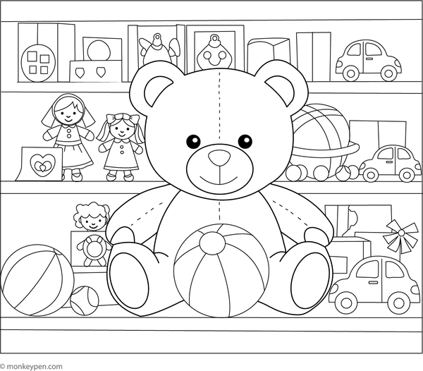 Teddy bear browsing in a toy shop with shelves stocked with colorful toys.
