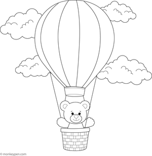 Teddy bear in a balloon basket floating among clouds in the sky.
