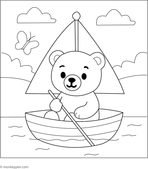 Teddy bear navigating a boat on calm waters, ideal for coloring.
