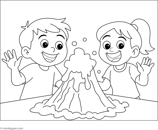 Children demonstrating a volcano model eruption with bubbling lava, prepared for colouring.

