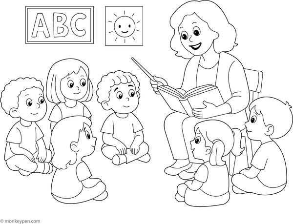 Children gathered in a circle listening to a story, ready for coloring.
