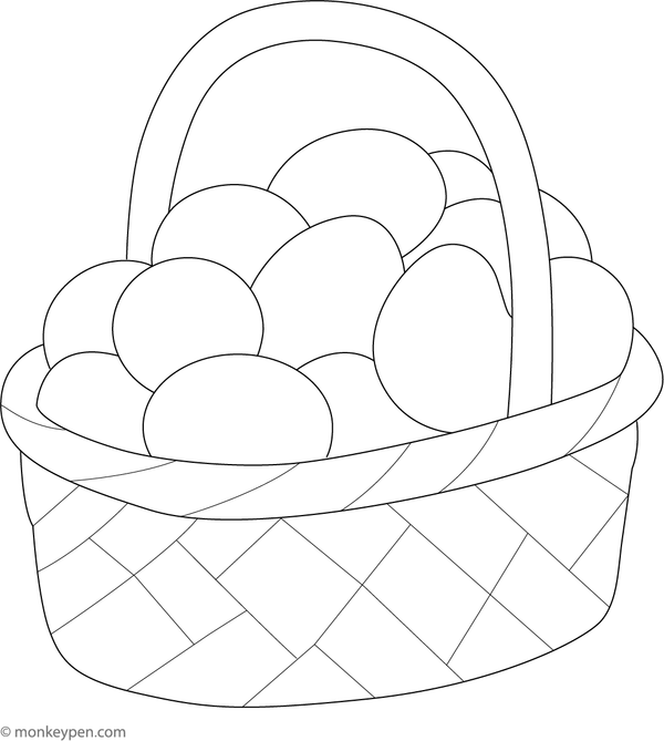 Printable coloring page of a woven basket filled with freshly harvested potatoes for children.