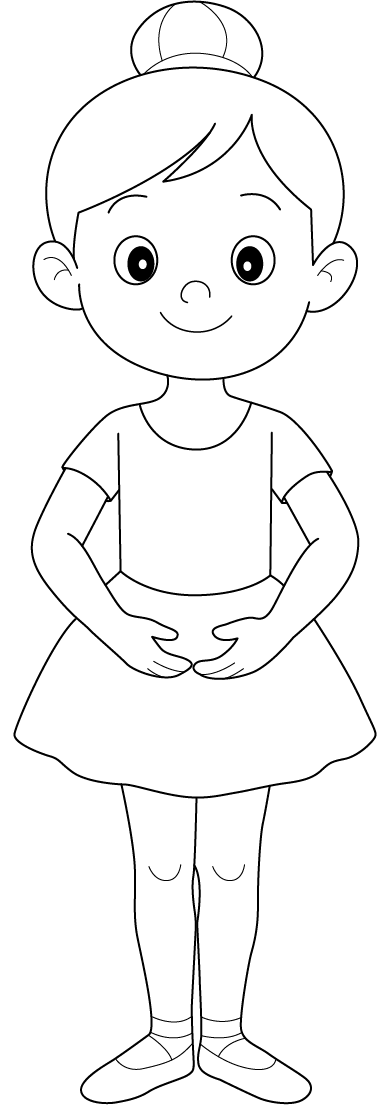 Free Printable Ballerina girl standing in the position, well suitable for young kids to color on.