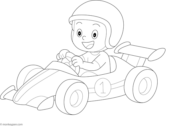 Young boy racing a fast race car, ready for coloring.