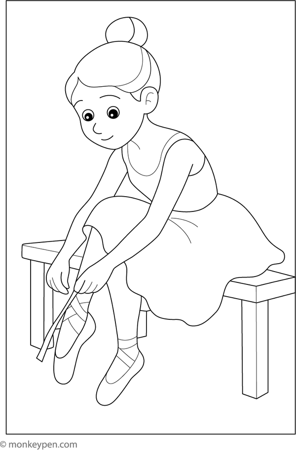 Ballerina tying her ballet shoes, preparing for dance, ready for colouring.
