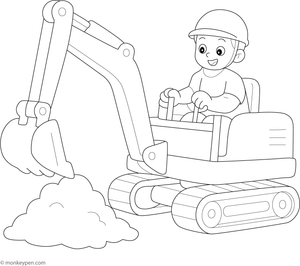 Young boy operating a digger in a construction site, ready for coloring.