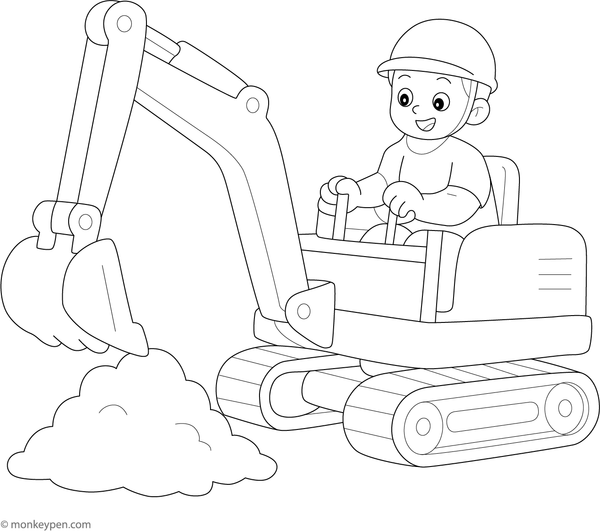 Young boy operating a digger in a construction site, ready for coloring.