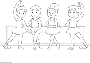 Group of ballerinas practising at the barre, focusing on their form, ready to be coloured.
