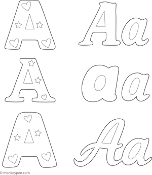 Printable Coloring sheet displaying the letter A in various fonts, allowing children to explore different letter shapes through coloring.