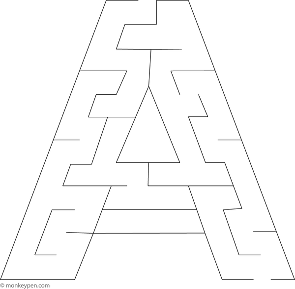 Letter A-shaped maze Coloring activity, combining alphabet learning with creative Coloring for children.