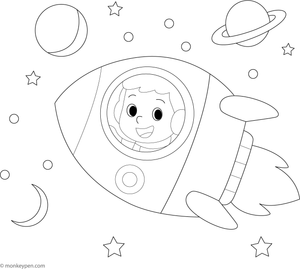 Young astronaut boy in a rocket ship flying through space, ready to be colored.
