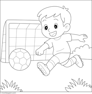 Boy kicking a football across the field, ready to be colored.  