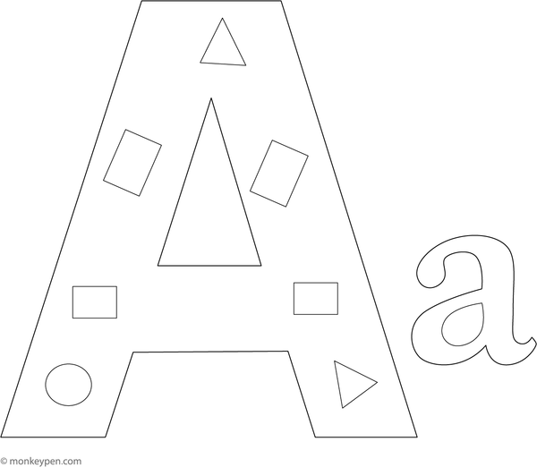  Coloring page presenting the letter A formed from various shapes, ideal for children learning letters and basic geometry concepts.