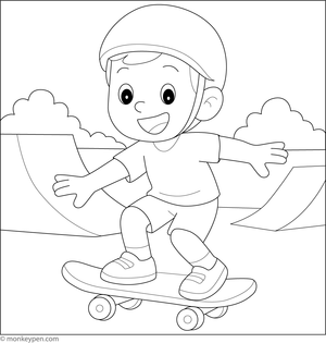 Boy riding a skateboard and performing tricks, ready to be colored.  