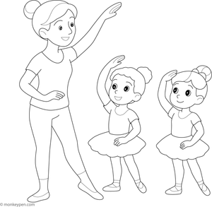 Ballet teacher showing a pose to a student, ready for coloring.