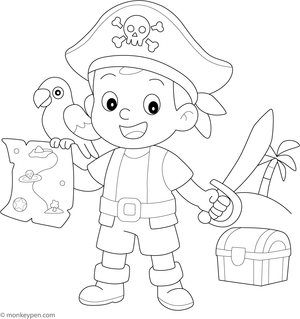 Boy dressed as a pirate, with a treasure chest and ship, ready to be colored.  