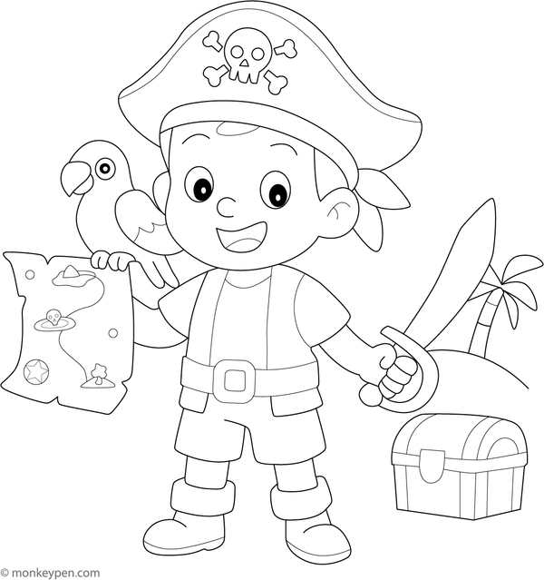Boy dressed as a pirate, with a treasure chest and ship, ready to be colored.  