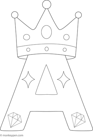 Coloring sheet of the letter A adorned with a crown, providing a regal and engaging activity for children.