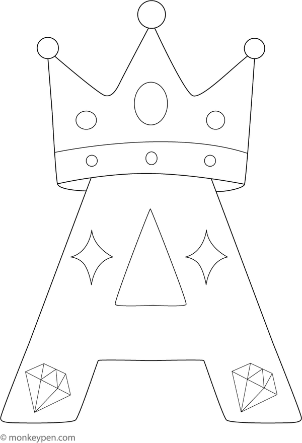 Coloring sheet of the letter A adorned with a crown, providing a regal and engaging activity for children.
