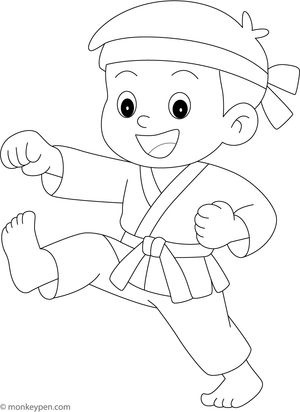 Boy practicing karate, performing a high kick, ready to be colored.  